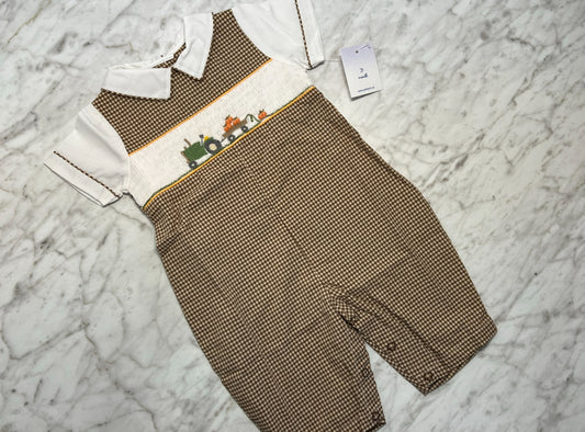 Tractor + Pumpkin Smocked Brown Gingham Longall